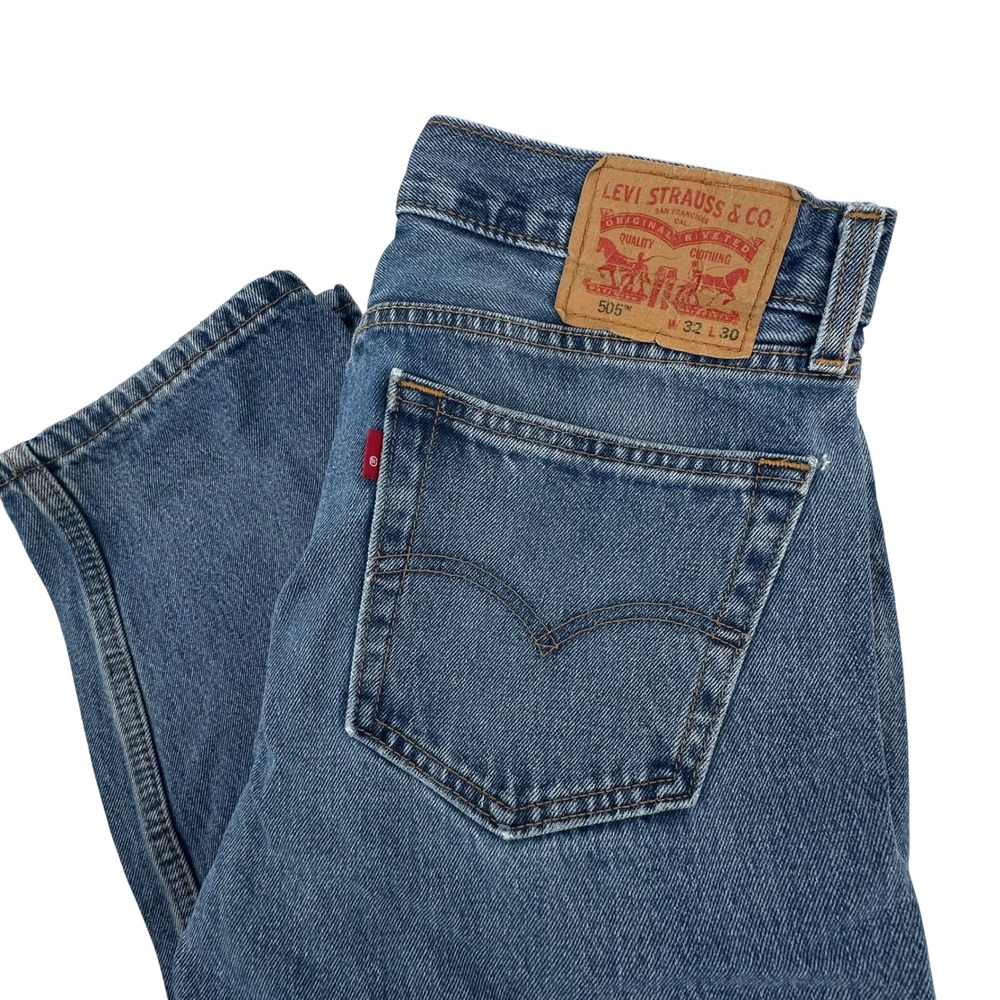 Levis 505 Regular Fit Straight Leg Jeans Mens 32x30 Blue Faded Distressed Denim